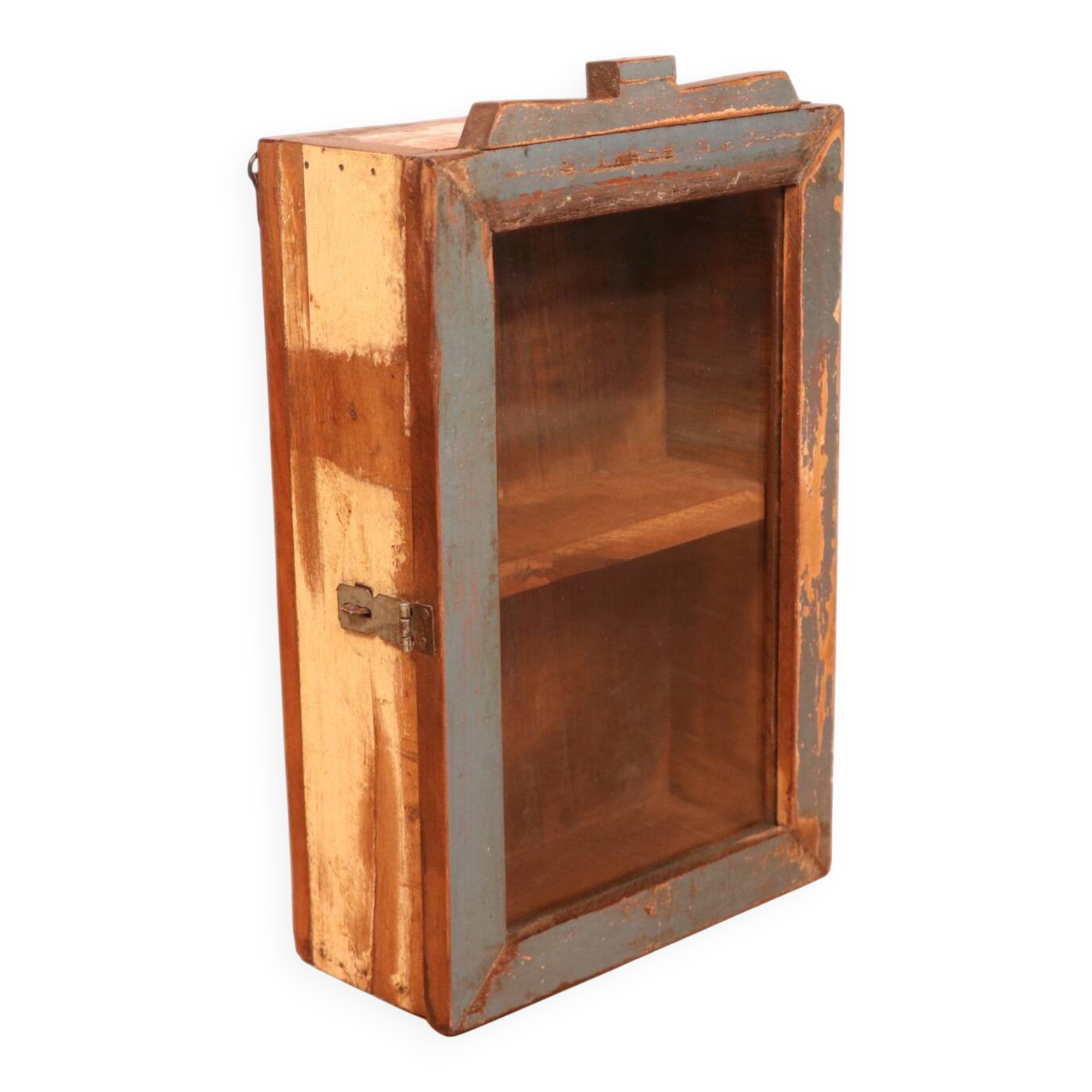 Burmese teak wall display case with original polychrome patina.