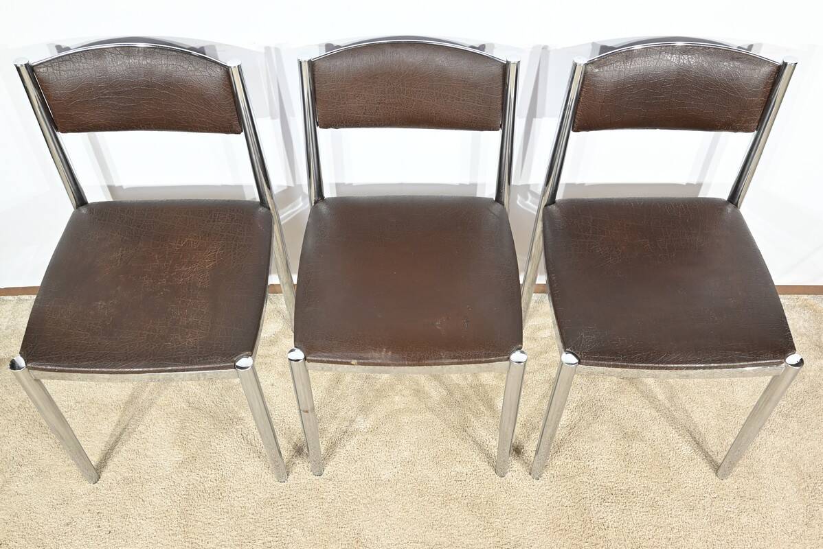 Suite of 3 Leather and Chrome Metal Chairs, attributed to Collomb Creation – 1970