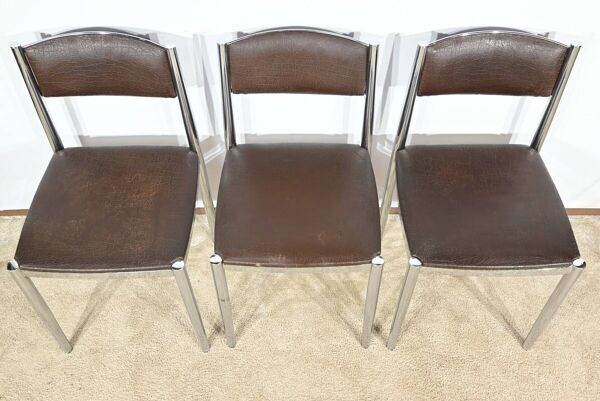 Suite de 3 Chaises en Cuir et Métal Chromé, attribuées à Collomb Création – 1970