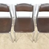 Suite of 3 Leather and Chrome Metal Chairs, attributed to Collomb Creation – 1970