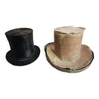 Chapeau haut de forme cavallino avec étui en carton antique du 19ème siècle