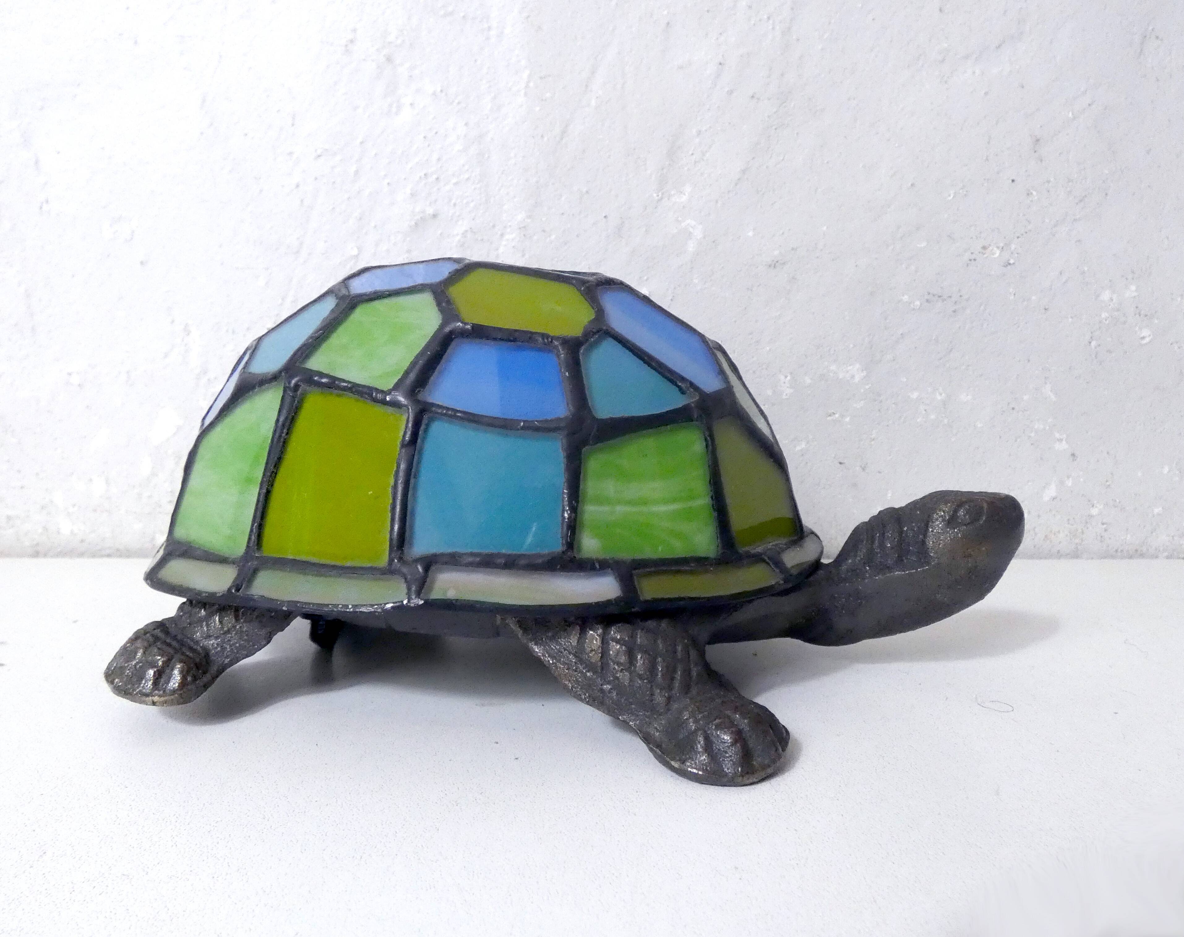Tiffany style turtle lamp in vintage blue-green glass paste