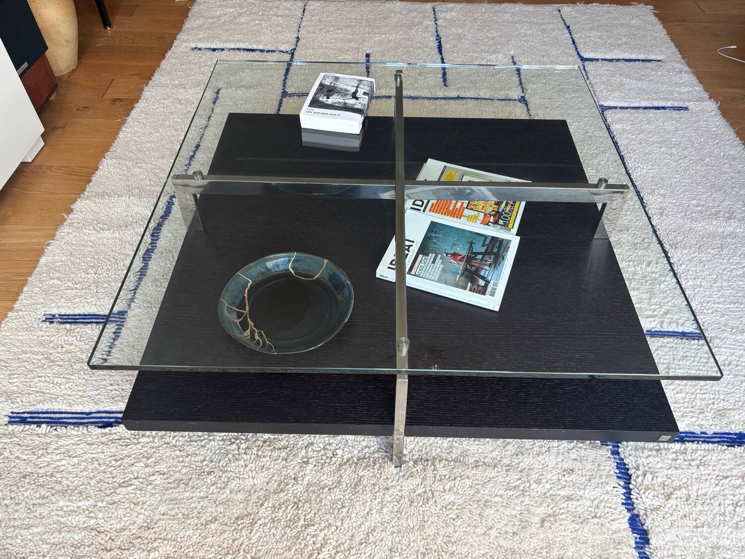 Glass and chrome metal coffee table