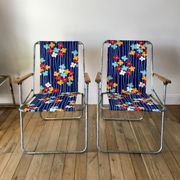 Pair of vintage camping chairs floral and wood fabrics 70s