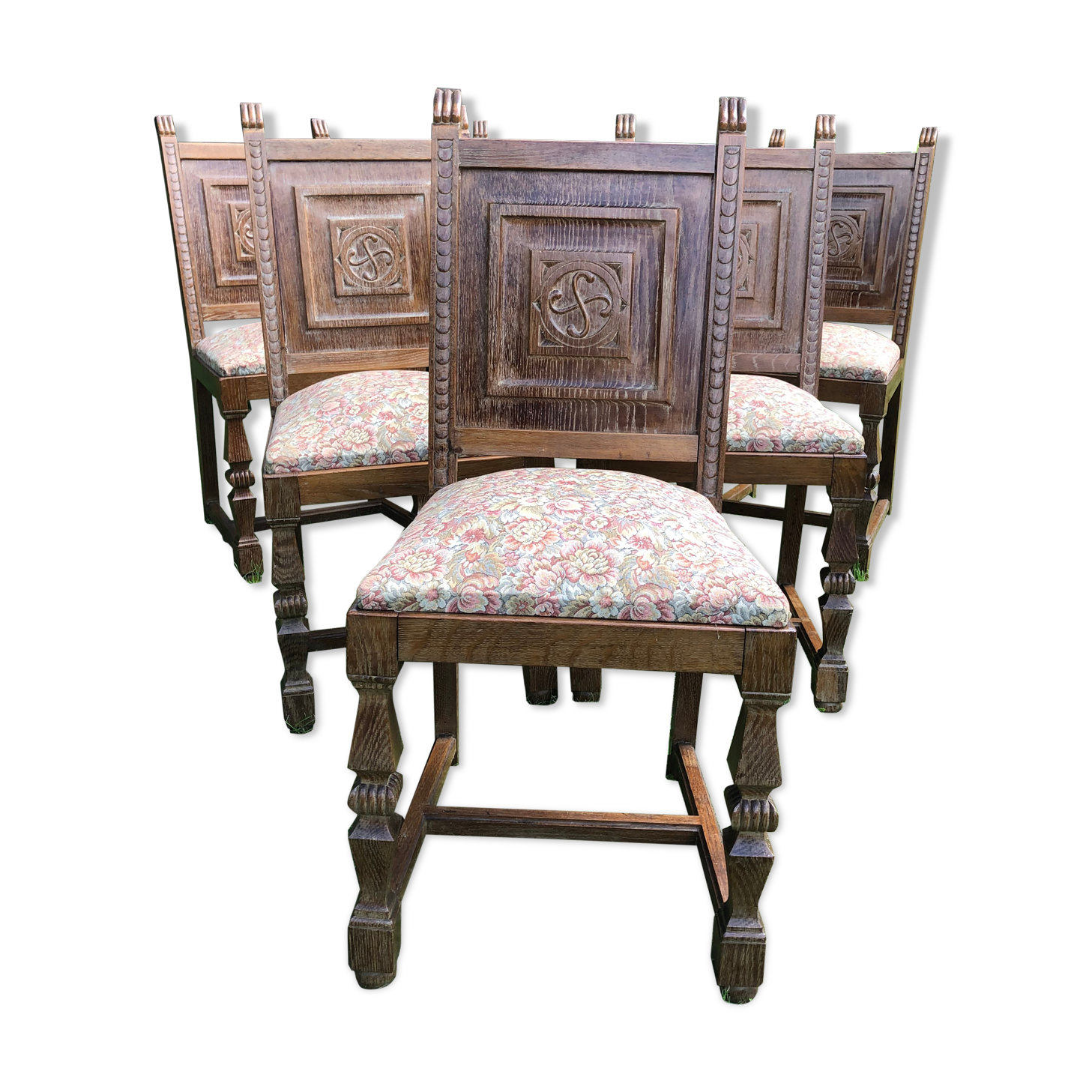 Series of 6 Chairs Neo Basque Wood Carved Cross Basque + Assise Fabric Vintage