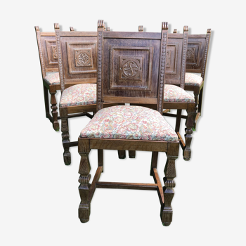 Series of 6 Chairs Neo Basque Wood Carved Cross Basque + Assise Fabric Vintage