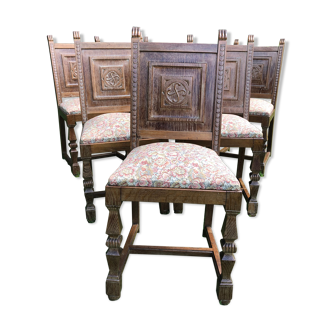 Series of 6 Chairs Neo Basque Wood Carved Cross Basque + Assise Fabric Vintage