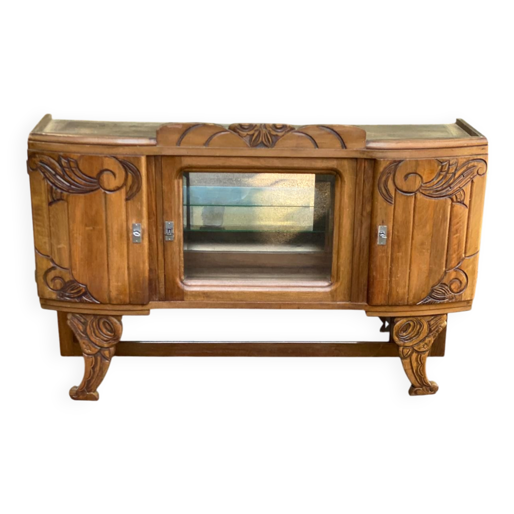 Art Deco sideboard top, low display cabinet in solid wood and mirror from the 1940s.