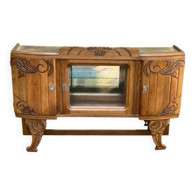Haut de buffet art déco vitrine basse en bois massif et miroir 1940
