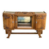 Art Deco high sideboard, low display cabinet in solid wood and mirror from the 1940s.