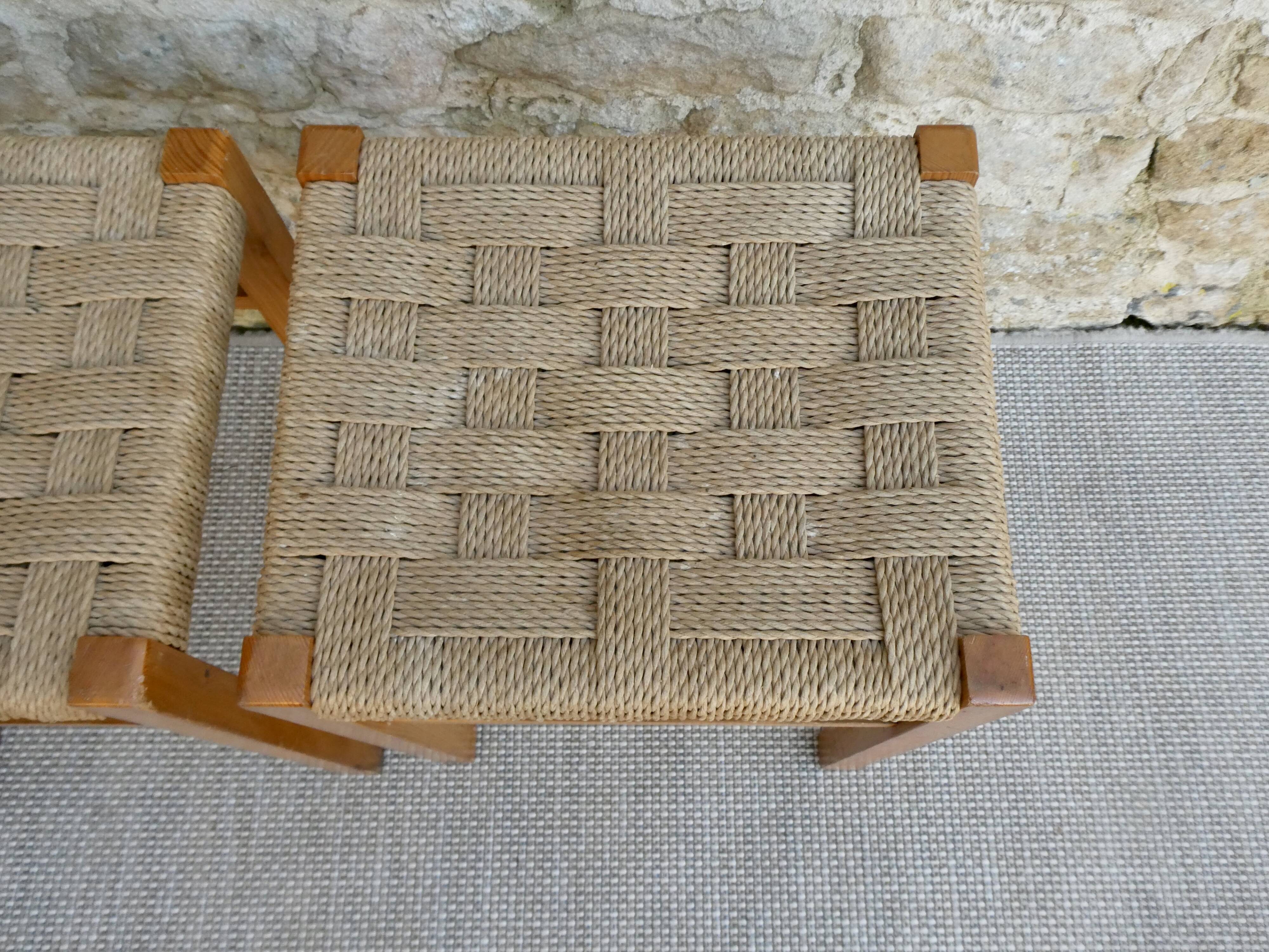 Pair of light wood stools and braided rope, 60s