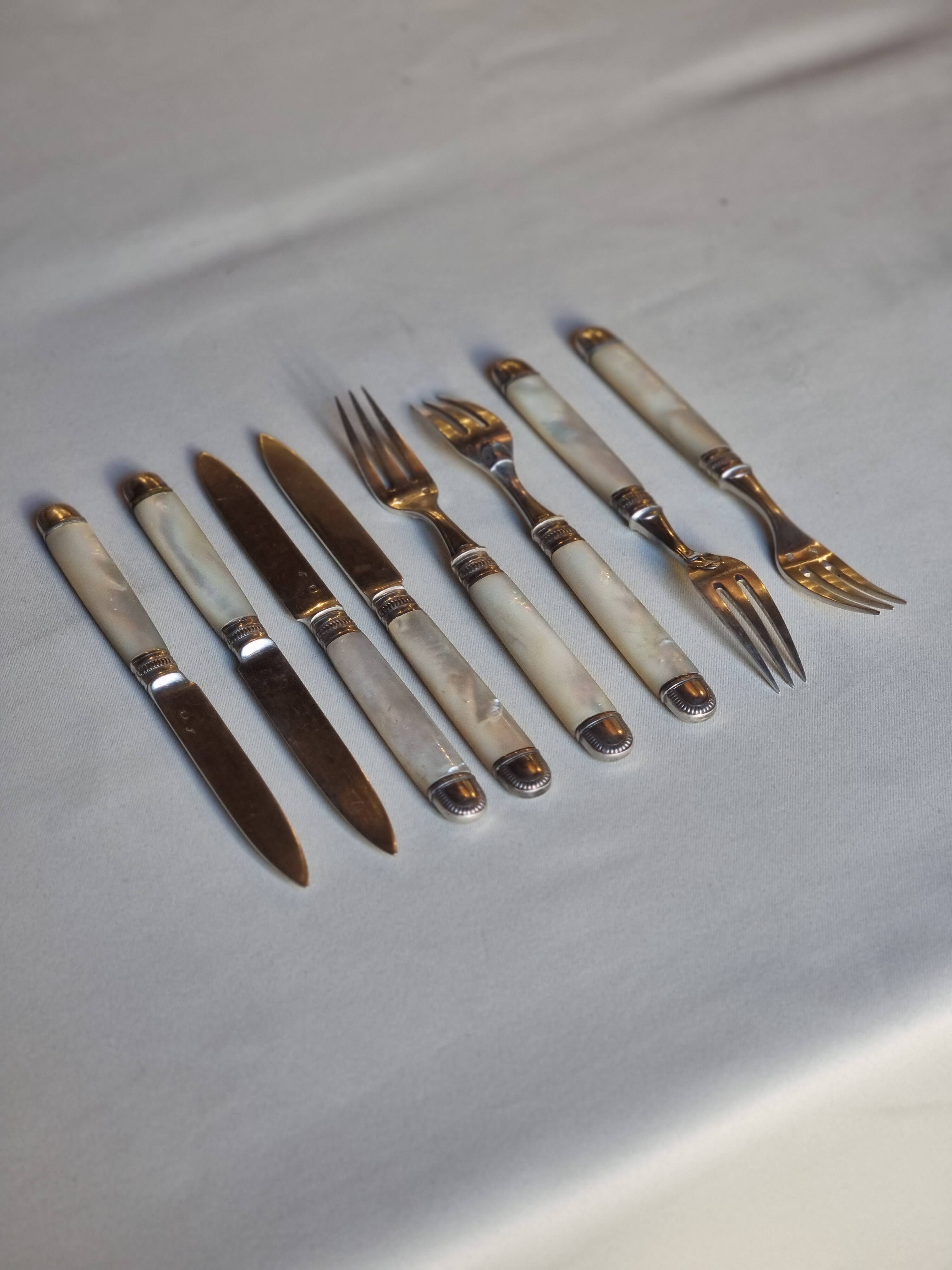 Knives and forks, XIXth, silver blades and forks, mother-of-pearl handle, minerva hallmark