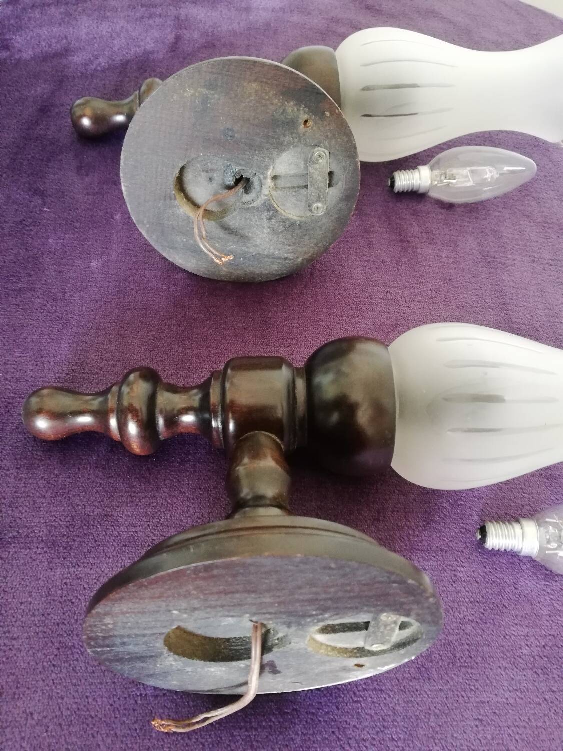 Set of wooden and frosted glass wall lights