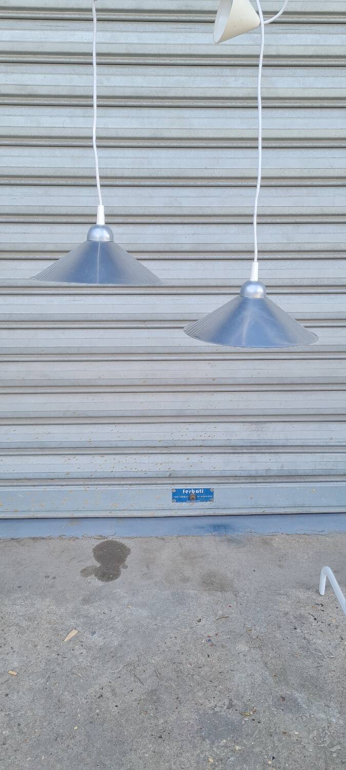 Pair of brushed aluminum pendant lights