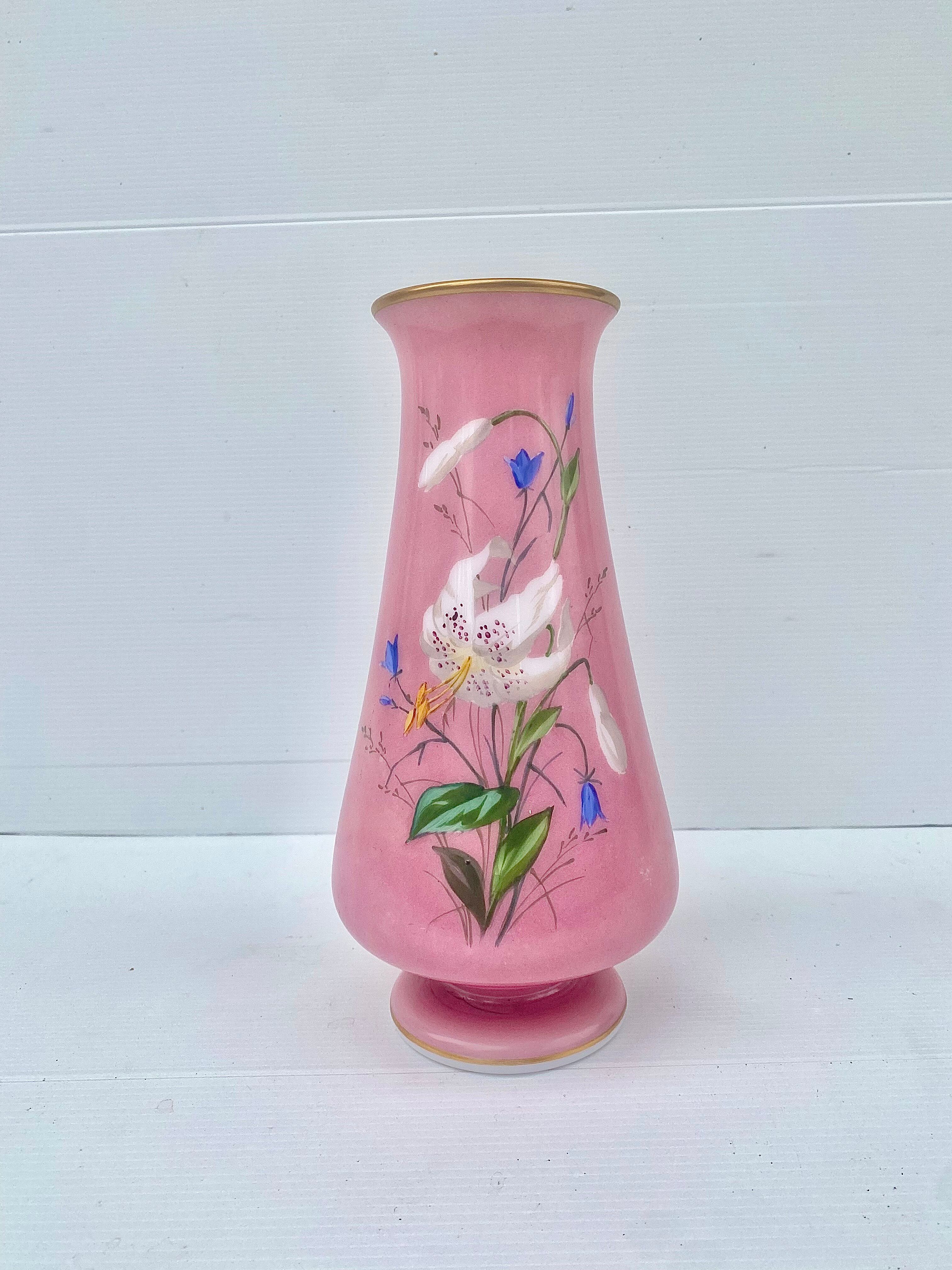 Antique pink opaline vase with floral decoration.