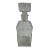 Molded glass carafe, 1960s-1970s, stylized flower decoration, oval, square base, stopper, rosette