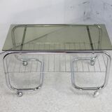 "Space age" coffee table, tubular steel, smoked glass, France, 1970s
