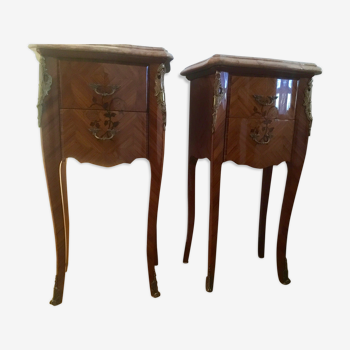 Lot of 2 bedside tables in marquetry and marble