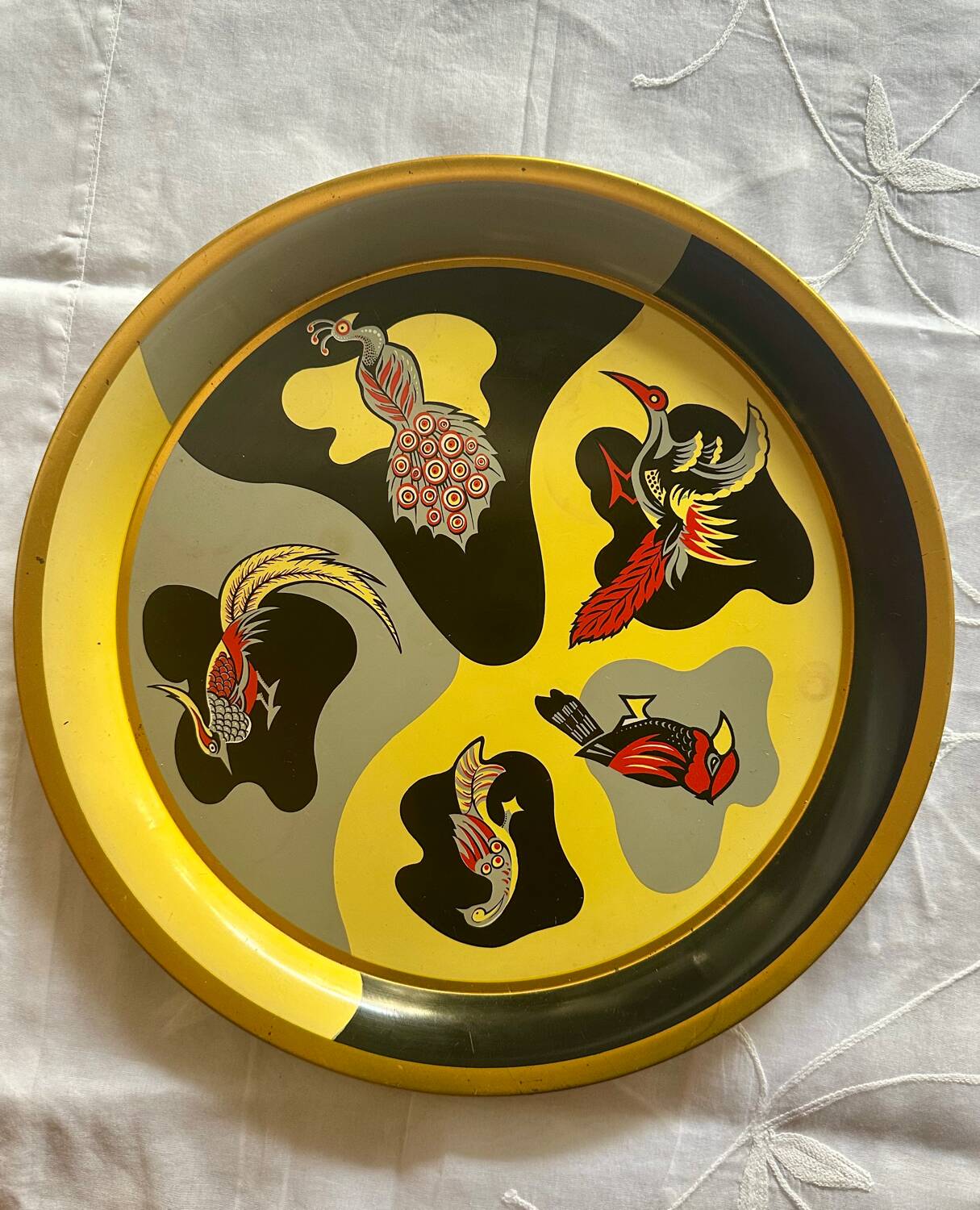 Round Vintage 1950s Tin Plate painted in the Style of Jean