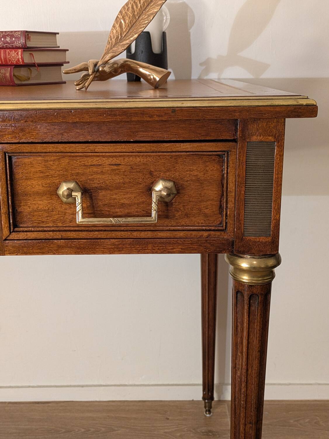 Antique Louis XVI style vintage desk, leather, brass, cherry wood