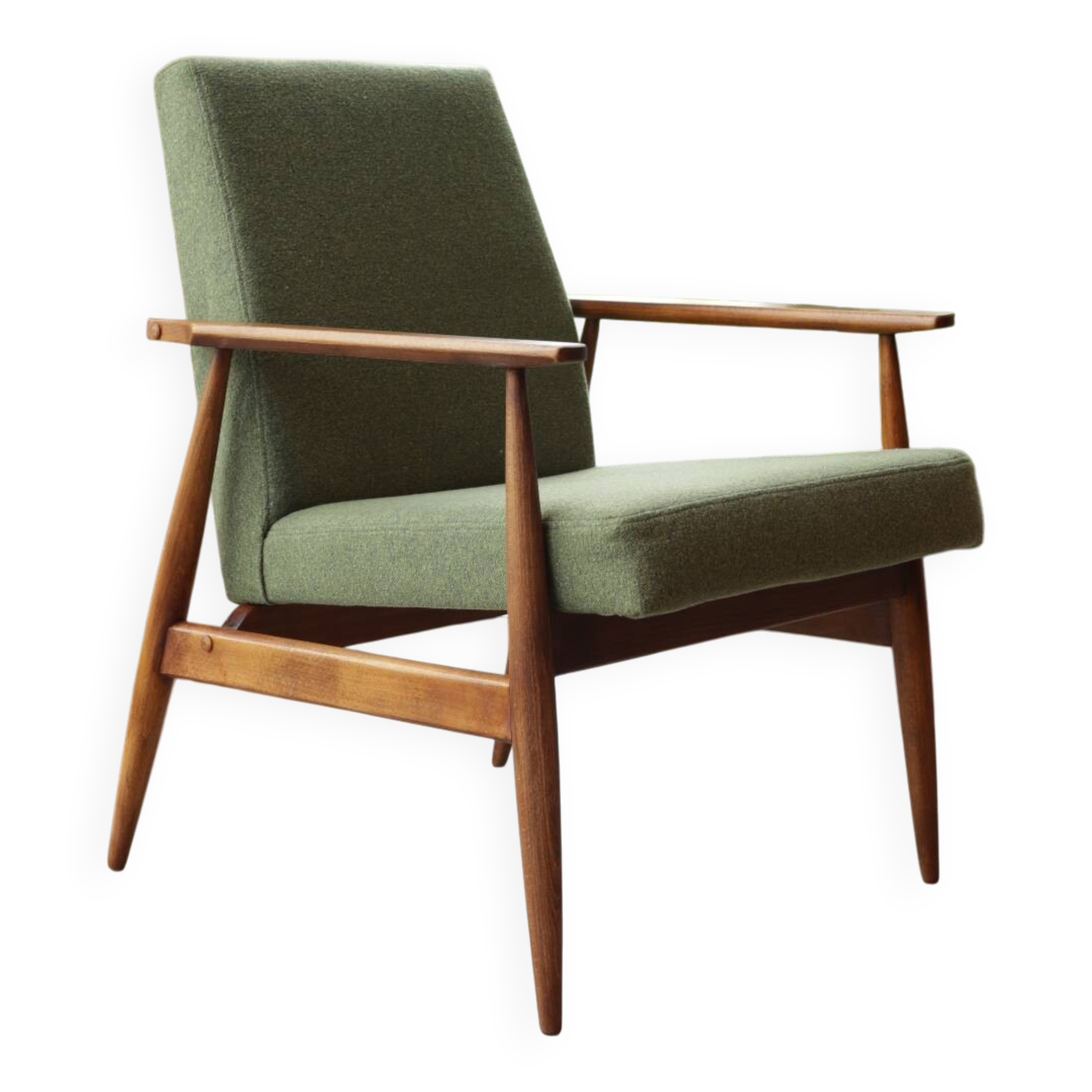 Fauteuil vintage bouclè vert sauvage conclu par H.Lis