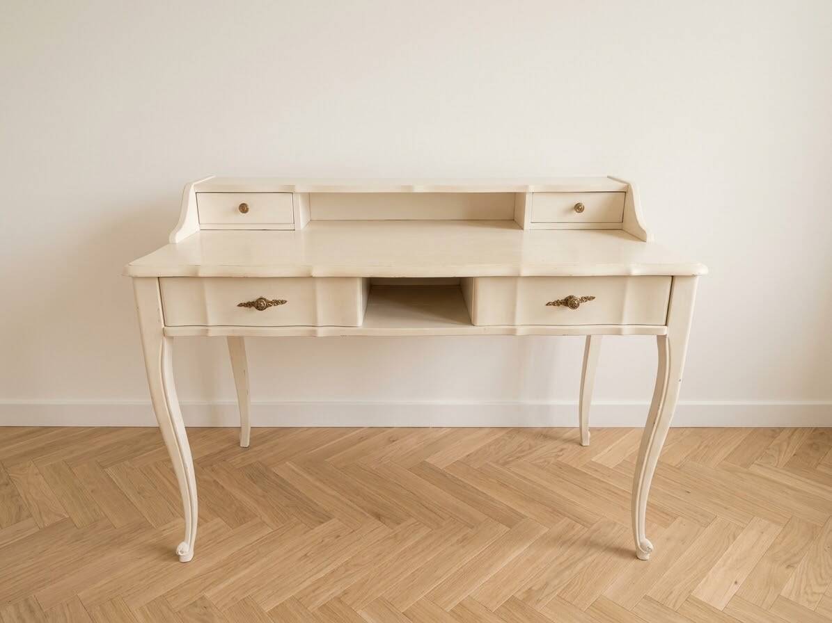 Ensemble bureau secrétaire rétro et sa chaise en bois beige