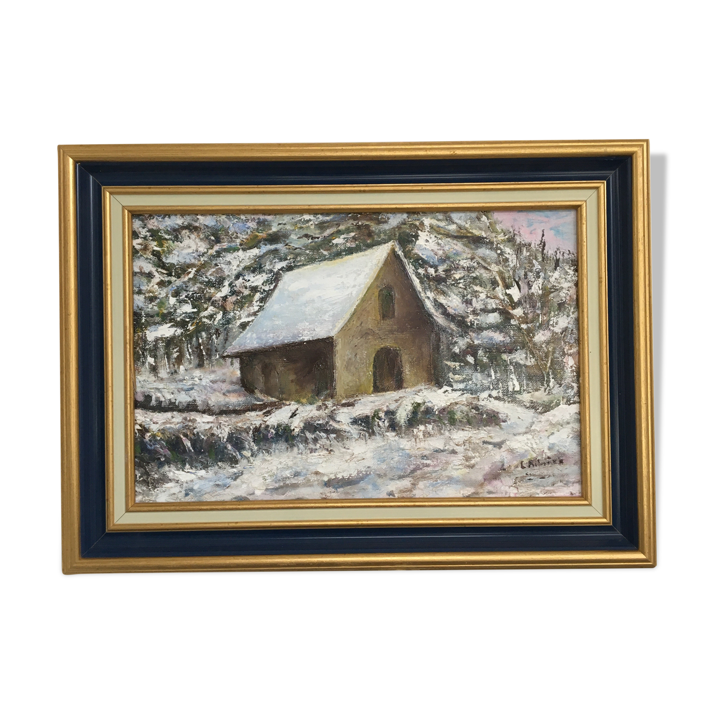 Oil on canvas "Farm in the forest"