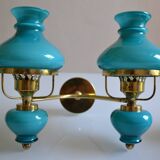 Series of 3 vintage brass and blue opaline wall lamps