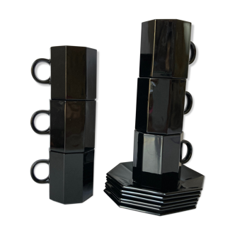 Service a cafe de 6 tasses & soucoupes noires esso arcoroc 80s - collection octime