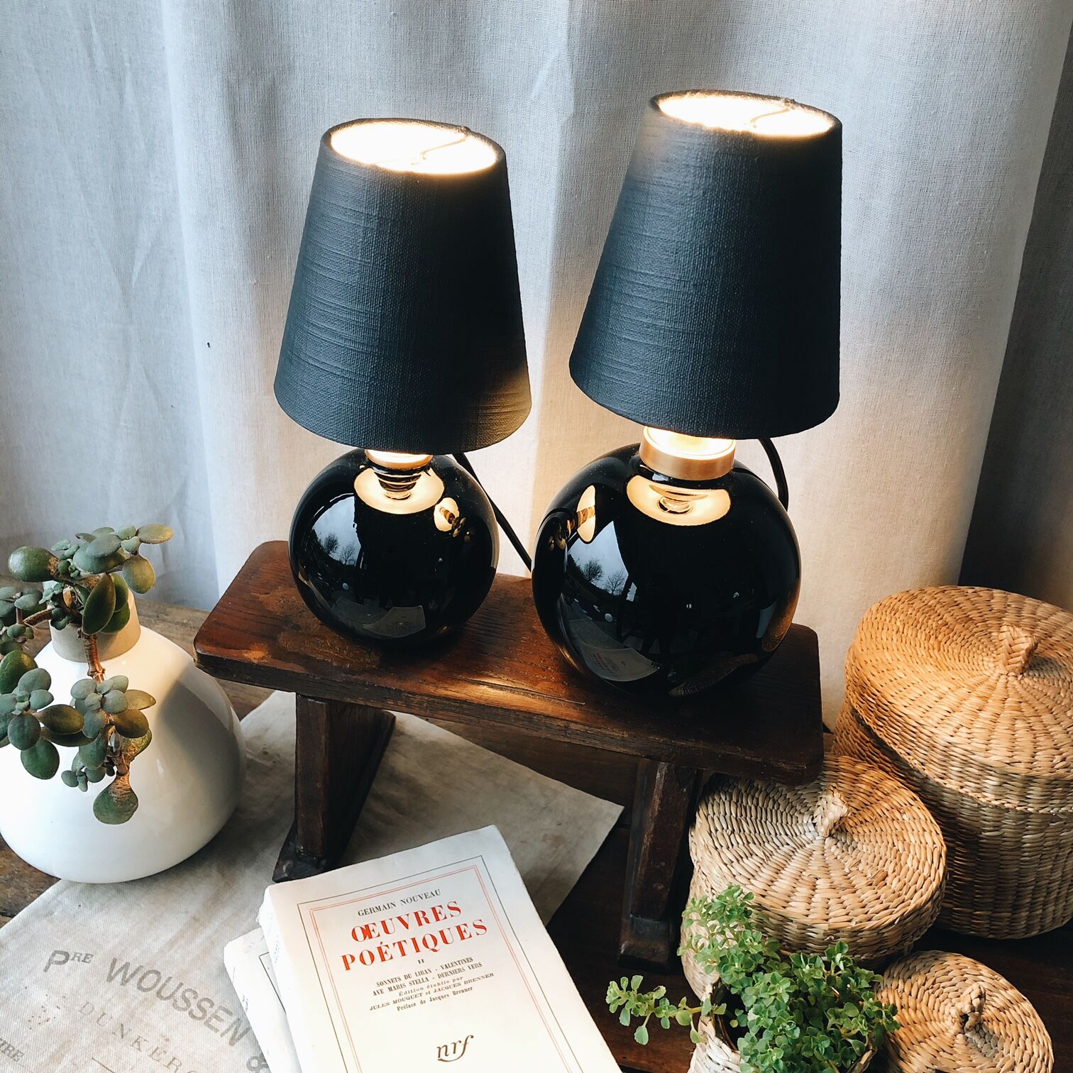 Duo of lamps in black opaline art deco