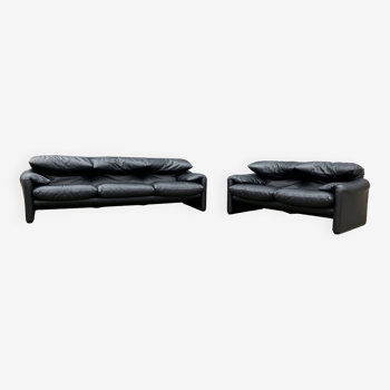 Cassina Maralunga 2pl +3pl Cuir d'origine noir avec tous les labels!