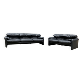 Cassina Maralunga 2pl +3pl Cuir d'origine noir avec tous les labels!