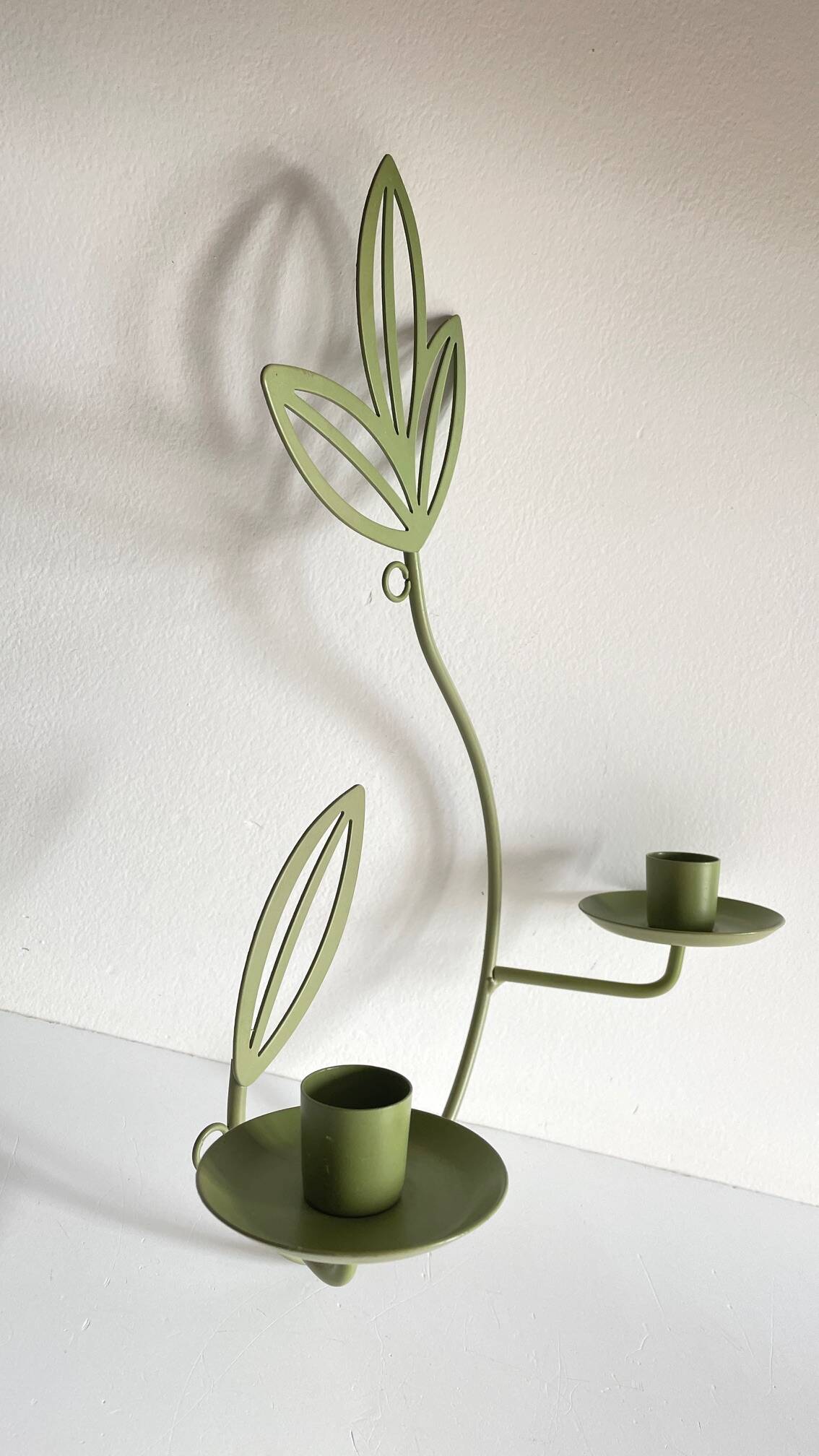 Wall Candle Holder, Green Metal Leaves