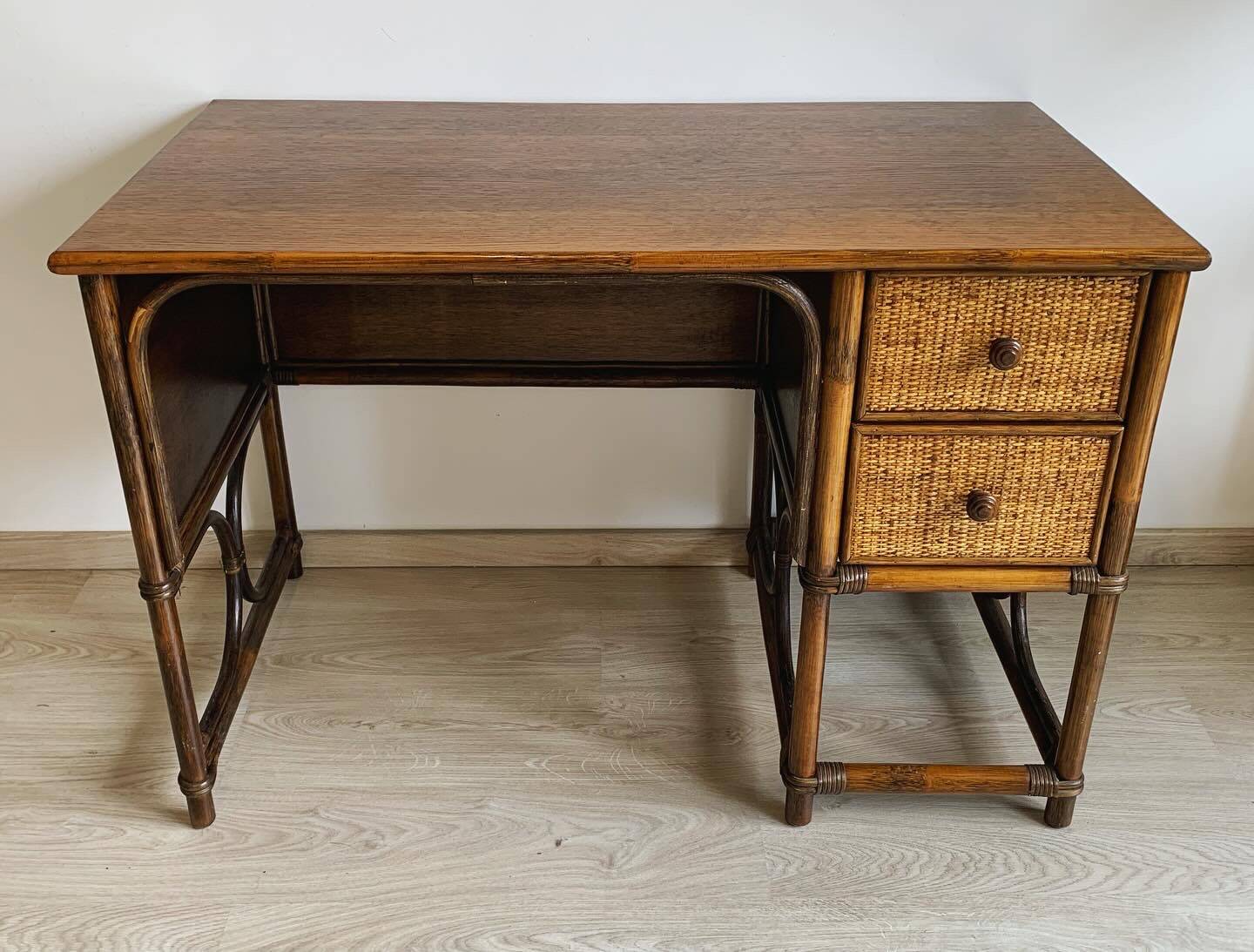 Vintage bamboo and wood rattan desk