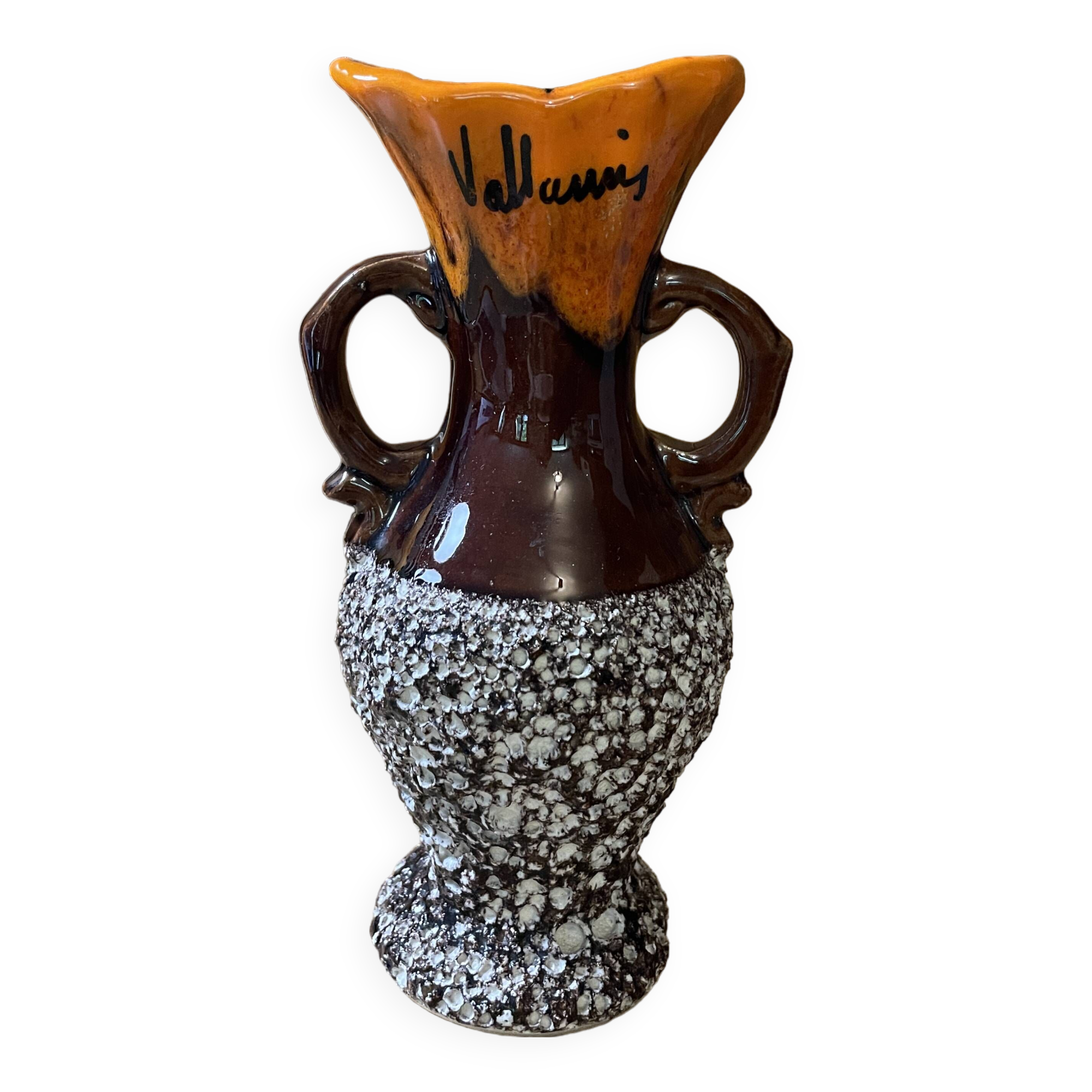 Small Vallauris ceramic vase orange brown and white 70s