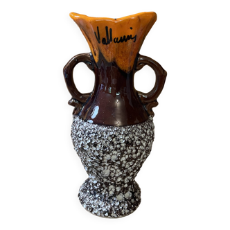 Small Vallauris ceramic vase orange brown and white 70s