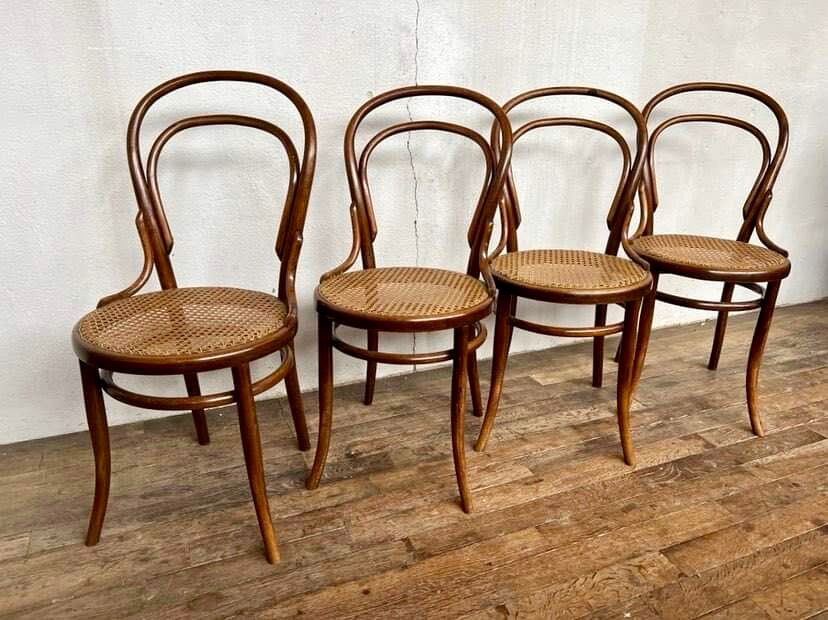 set of 4 bistro chairs in curved wood from the 1920s 1930s Canned seat