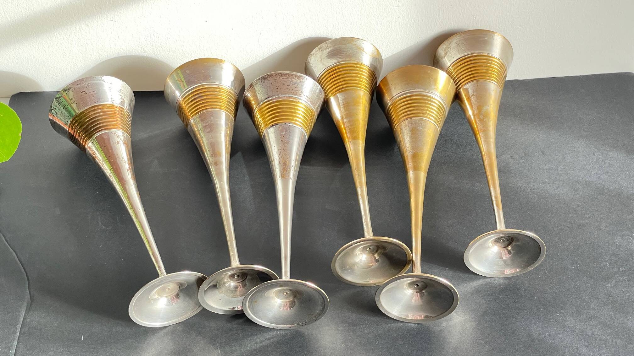 6 Vintage Silver-Plated Brass Champagne Flutes