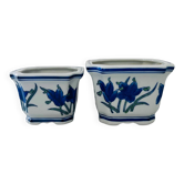 Duo of decorative plant pots with blue irises.