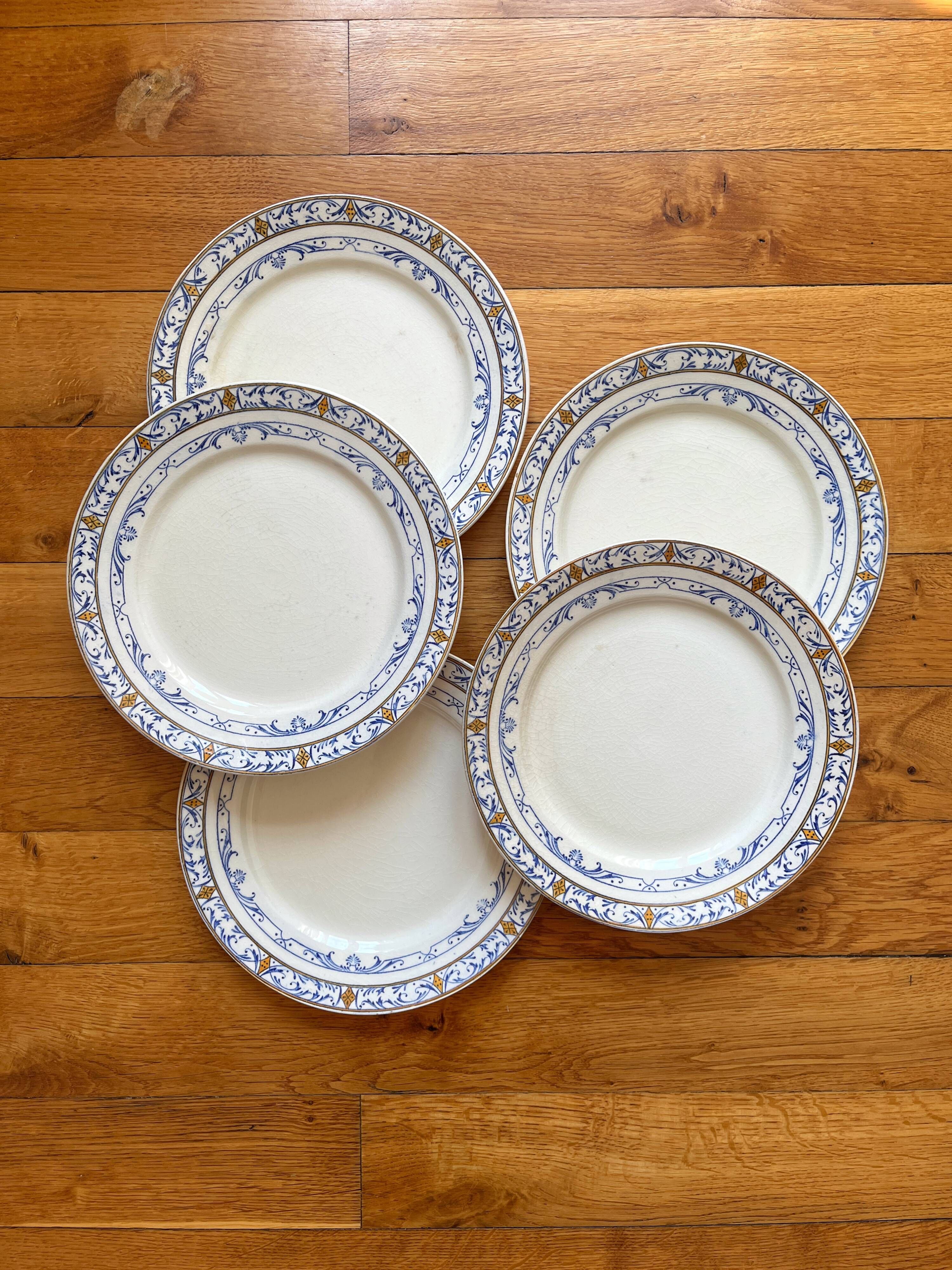 5 iron clay dessert plates Colbert, Creil and Montereau
