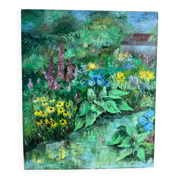 Flower garden and stream, signed