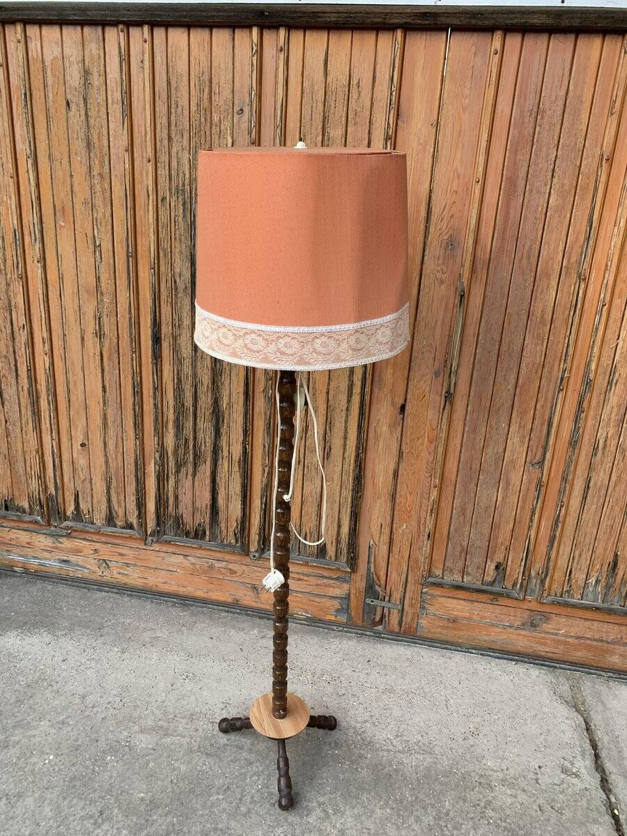 Mid-century coral and wood floor lamp - coral fabric shade from the 1950s.