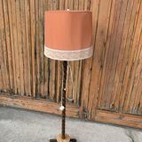 Mid-century coral and wood floor lamp - coral fabric shade from the 1950s.