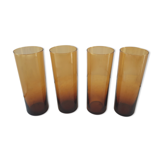 Set of 4 amber glass glasses with thick bottoms 70s