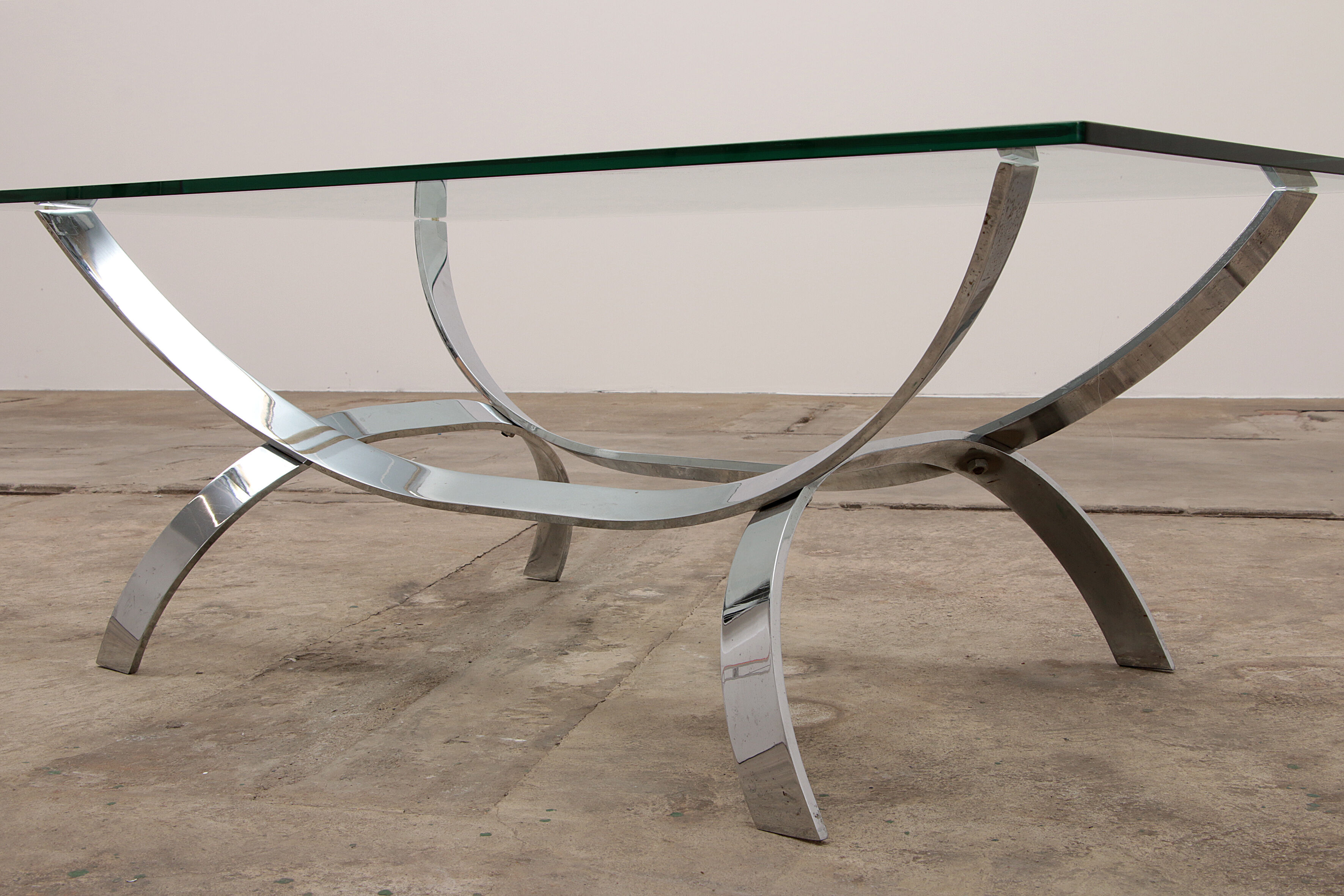 Space age chrome coffee table with thick glass top 1970
