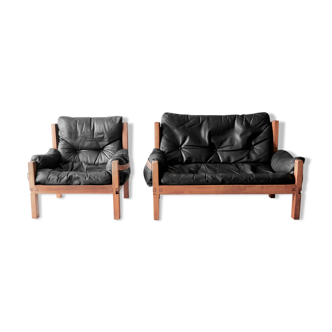 Fauteuil S15 & Banquette S18Y Pierre Chapo bois massif et cuir 1970