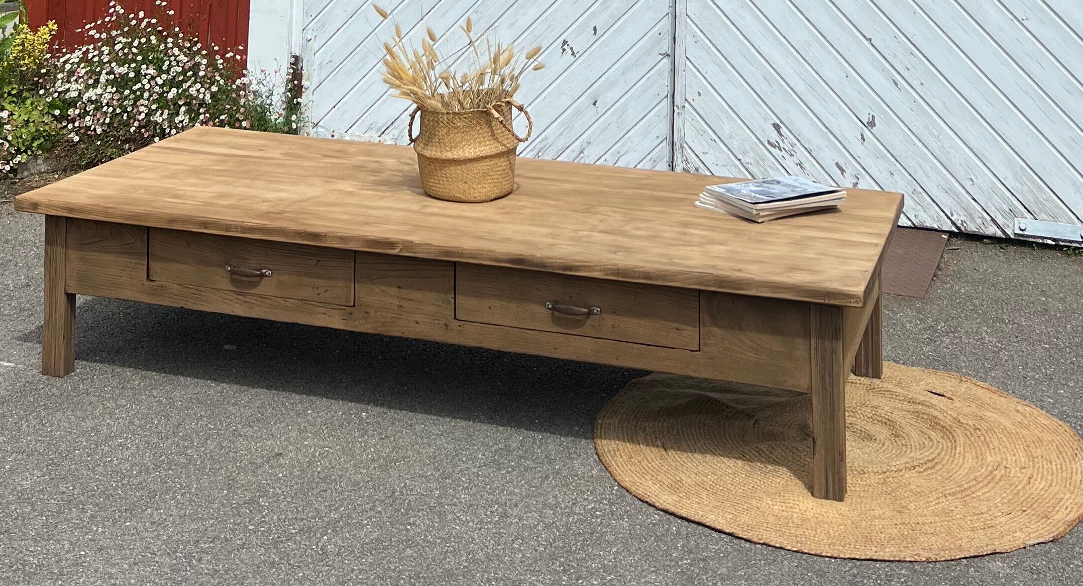 Large XXL farmhouse coffee table in raw solid oak.