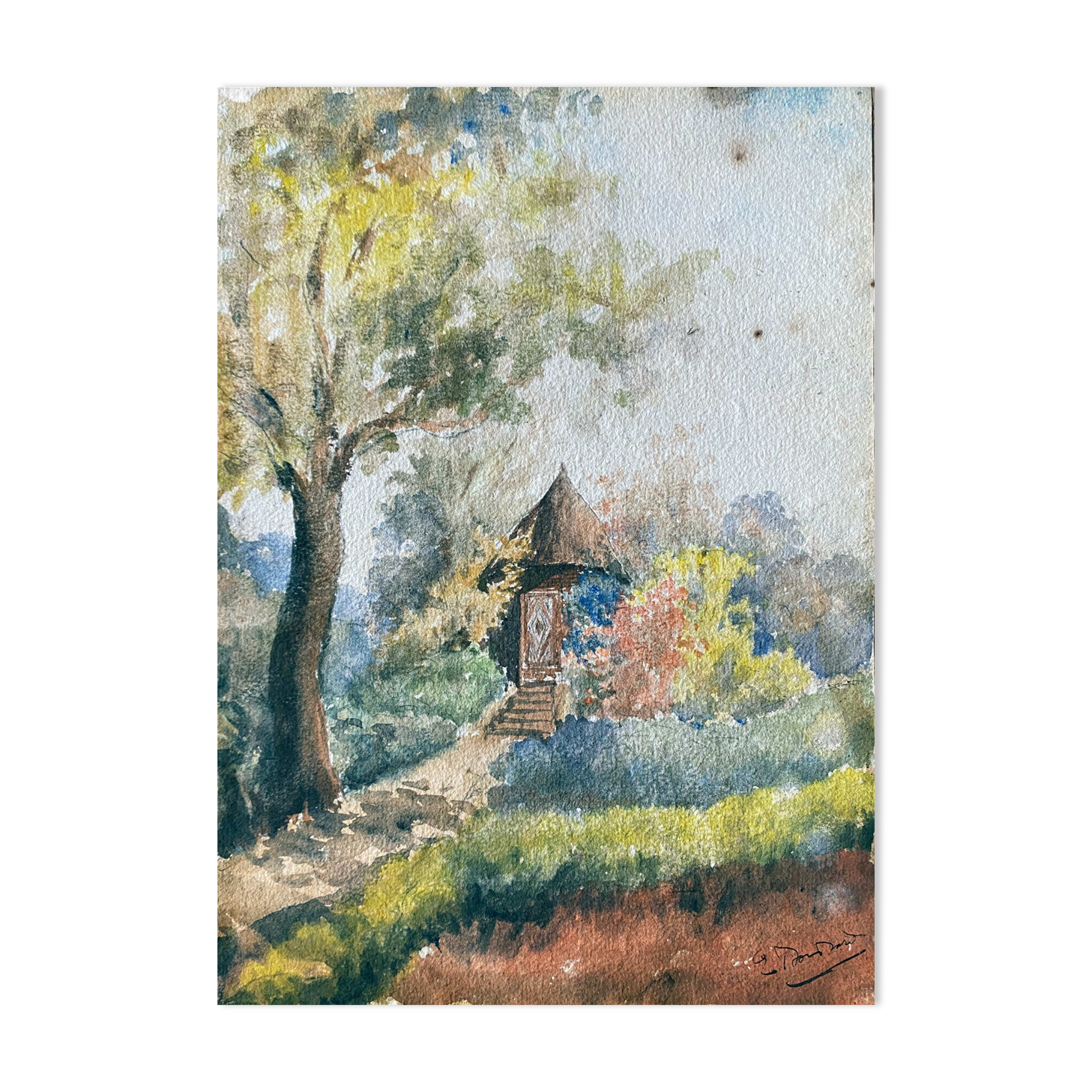Watercolor painting "The cabin in the garden" late nineteenth century