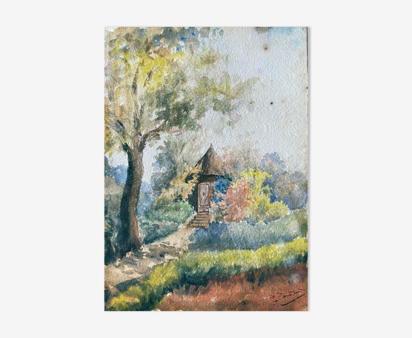 Tableau Aquarelle "La cabane dans le jardin" fin XIX° siècle