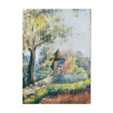 Watercolor painting "The cabin in the garden" late nineteenth century